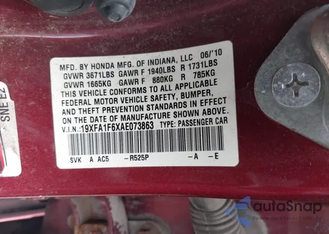 2010 Honda Civic Lx-S z USA, uszkodzony, nr VIN 19XFA1F6XAE073863